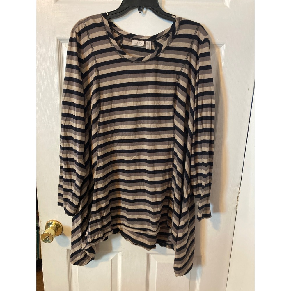 LOGO Lori Goldstein Striped Long Sleeve Sharkbite Hem Tunic Top‎ Taupe Black XL